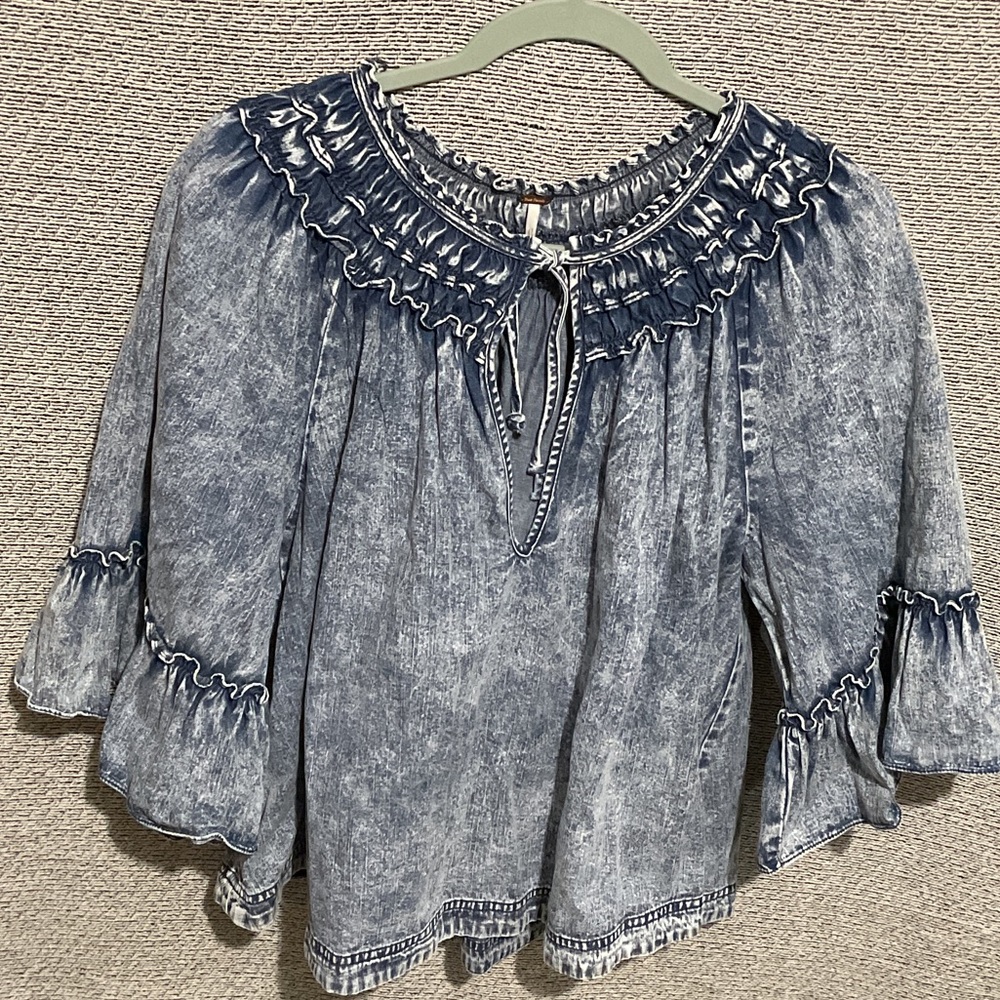 Free People Blue Washed Denim Peasant Blouse - Picture 7 of 7